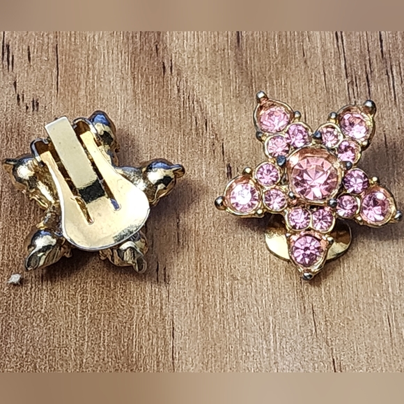 Vintage Pink Glass Rhinestone Gold ClipOn Earrings - Picture 2 of 2